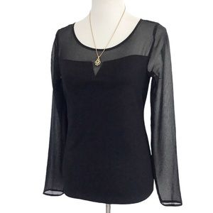 Ann Taylor Black Illusion Neckline Long Sleeve Top Sheer Bodice and Sleeve Small